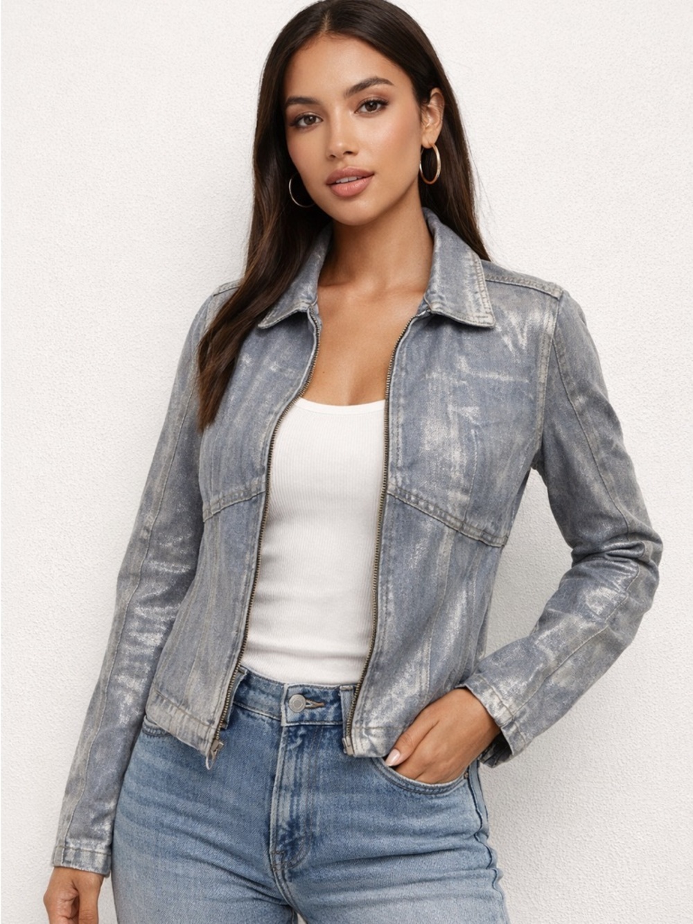 BLANKNYC Metallic Coated Denim Zip Up Moto Jacket Womens XS Blue Silver Indie